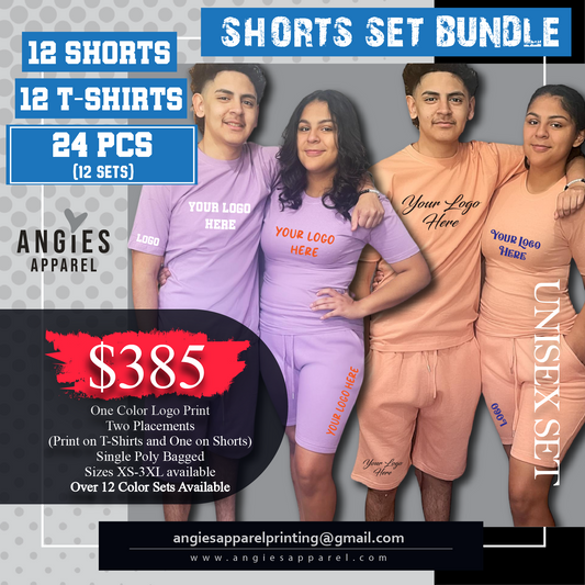 12 Printed Short sets 1 color (1placement on t-shirt)(1 placement on shorts)