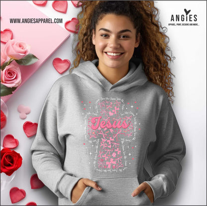 Jesus Cross Pink and White Bow Cross Hoodie and Crew Neck Sweatshirt