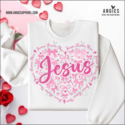 Jesus Pink Heart and Bow Hoodie and Crew Neck Sweatshirt