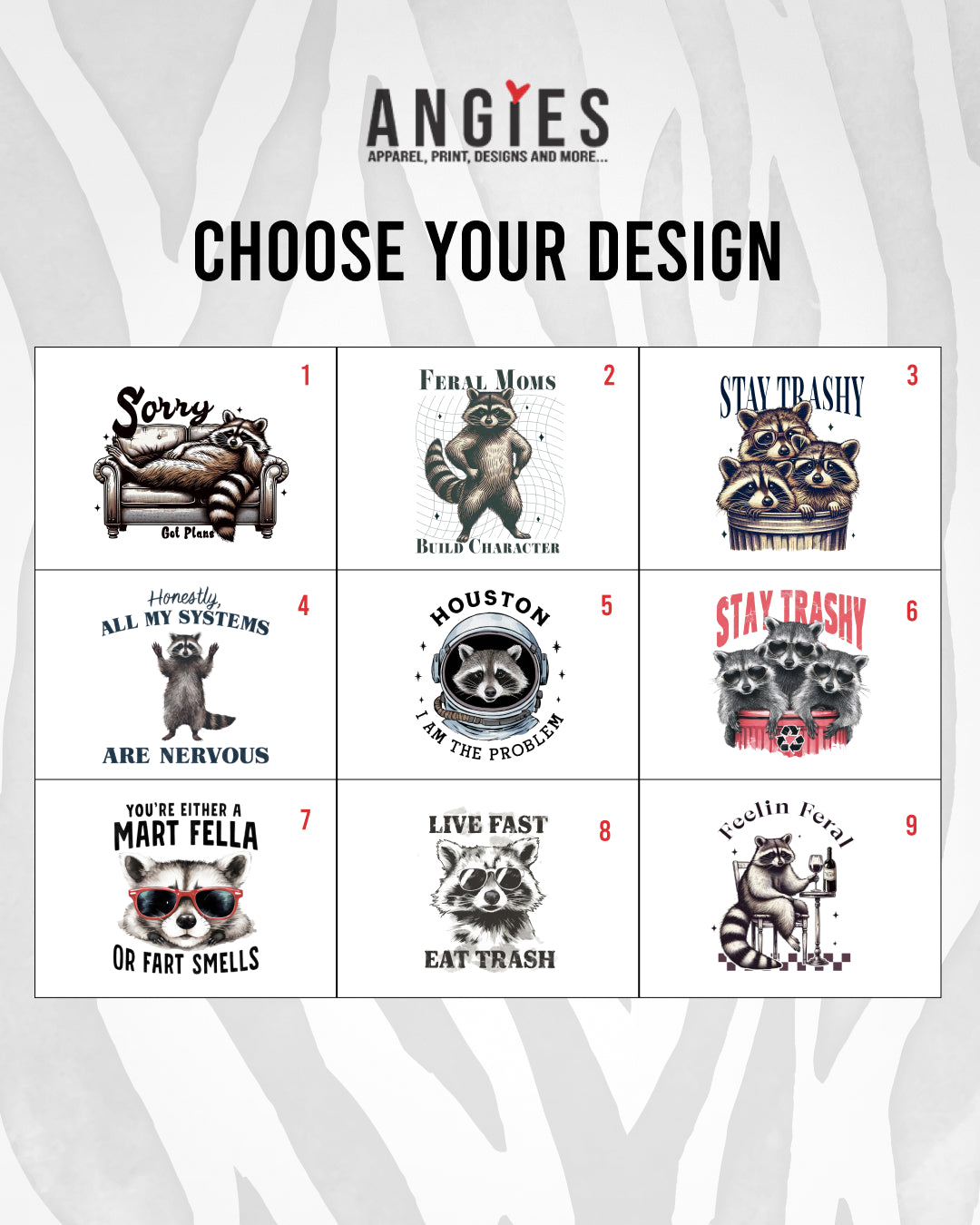 Raccoon Graphic Collection DTF Transfer