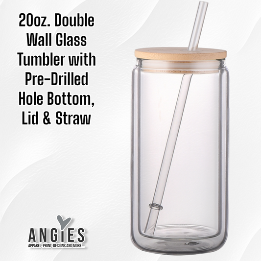 20oz Glass Sublimation Snow Globe Tumbler, Bamboo Lid, Straw, and Pre-Drilled Hole Plug
